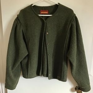 Geiger Women Pure Virgin Wool Cardigan Sweater Long Puff Sleeve Green Size L XL